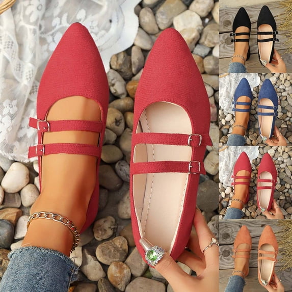 Daiosportswear Women's Pointed Toe Flats Dress Shoes Comfortable Casual Mary Jane Versatile Flats with Buckle Straps Red