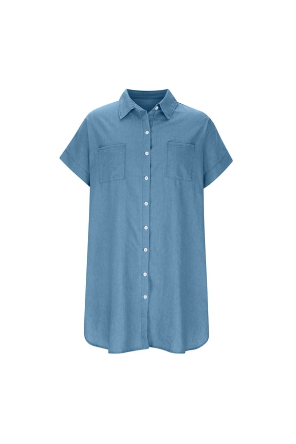 Women'S Short Sleeve Silk Denim Button Up Dresses Shirt Tunics Cover-Ups Oversized Blouse Tops, Short-Sleeved Dress for Women Light Blue 20(XXXXXL)