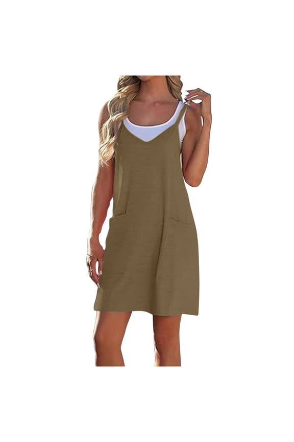 Women'S Sleeveless Casual Mini Two-Piece Dress with Thin Straps and Pockets,Women'S Sleeveless Dress Khaki XXL(XXL)