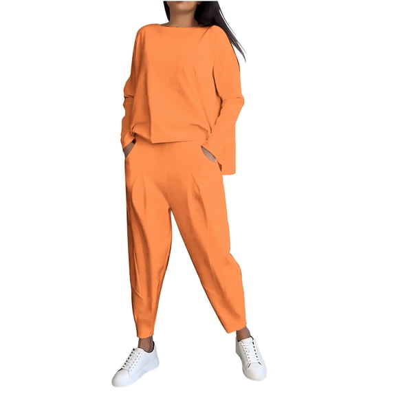 Daiosportswear Women'S Solid Color Round Neck Long Sleeved Top and Jogger Pants Set for Autumn,2 Piece Sets for Women Orange XXL(XXL)
