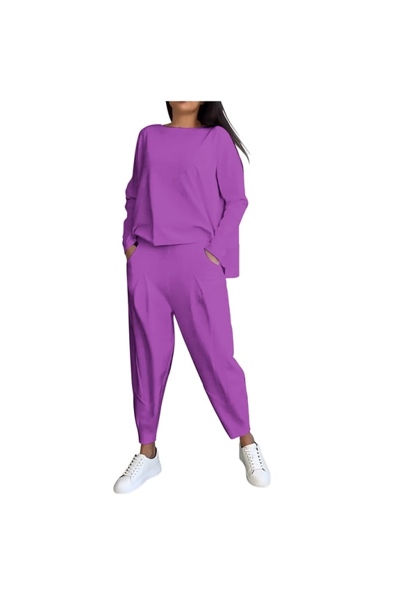 Women'S Solid Color Round Neck Long Sleeved Top and Jogger Pants Set for Autumn,2 Piece Sets for Women Purple S(S)