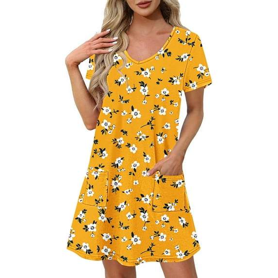 Daiosportswear Women'S Summer Casual Short Sleeve Print Crew Neck T Shirt Dresses Loose Swing with Pockets,Women'S Short-Sleeved Dress Gold L(L)
