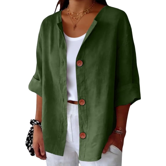 Daiosportswear Women'S Summer Loose Shirt V-Neck Cotton Linen Button Top Open Front Shirts,3/4 Length Sleeve Womens Tops Army Green L(L)