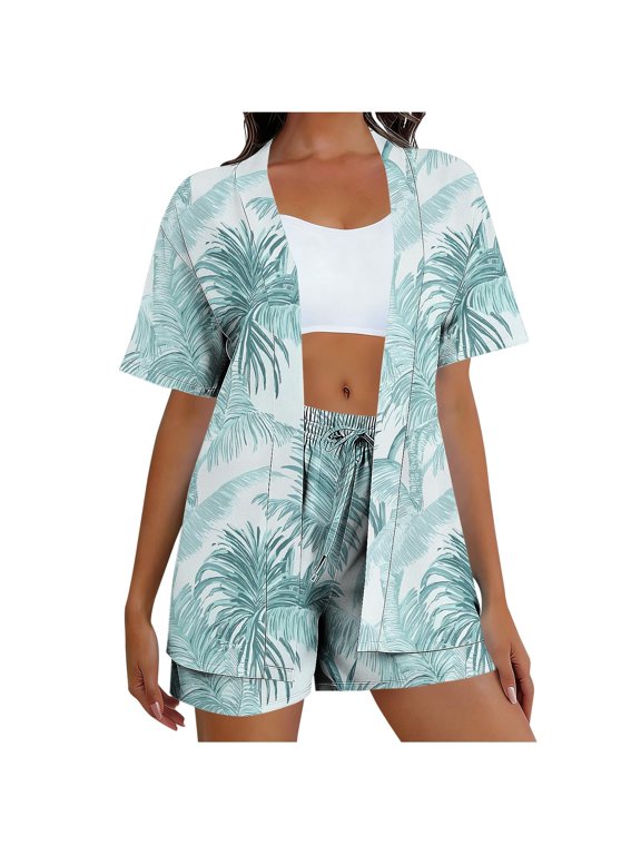 Women'S Summer Outfits Short Sleeve Print Cardigan Shirt and Short Set,2 Piece Sets for Women Light Blue-CC XXL(XXL)