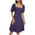 thumbnail image 1 of Daiosportswear Women's Square Neck Puff Short Sleeve Dresses Casual Summer High Waist Solid Cocktail Party Dresses Gray S, 1 of 1