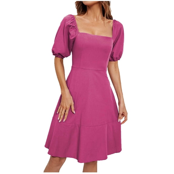 Daiosportswear Women's Square Neck Puff Short Sleeve Dresses Casual Summer High Waist Solid Cocktail Party Dresses Pink L