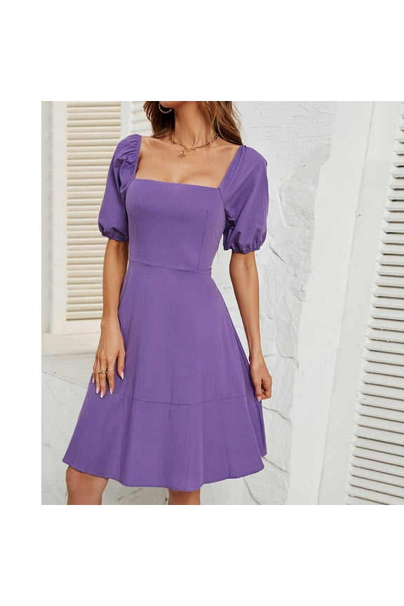 Women'S Summer Puff Short Sleeve Square Neck Ruffle Swing Fit and Flared Dress, Short-Sleeved Dress for Women Purple L(L)