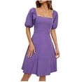 thumbnail image 1 of Daiosportswear Women's Square Neck Puff Short Sleeve Dresses Casual Summer High Waist Solid Cocktail Party Dresses Purple M, 1 of 1