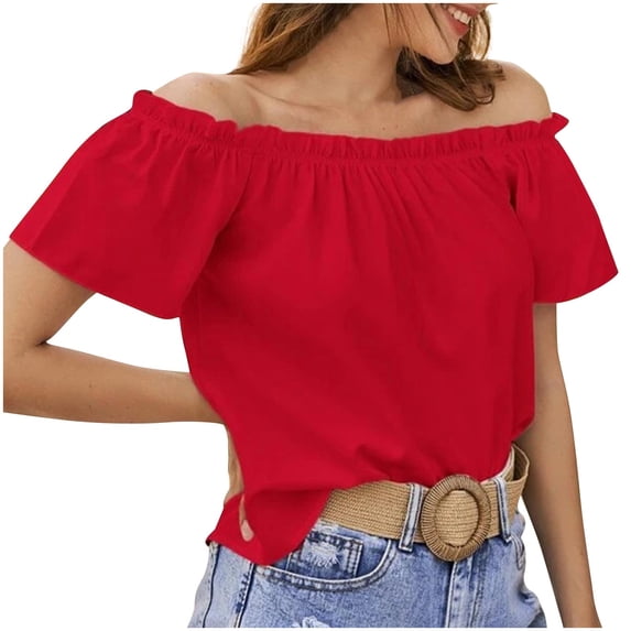 Daiosportswear Women'S Summer off Shoulder Tops Ruffle Short Sleeve Dressy Blouse Top,Womens Tops