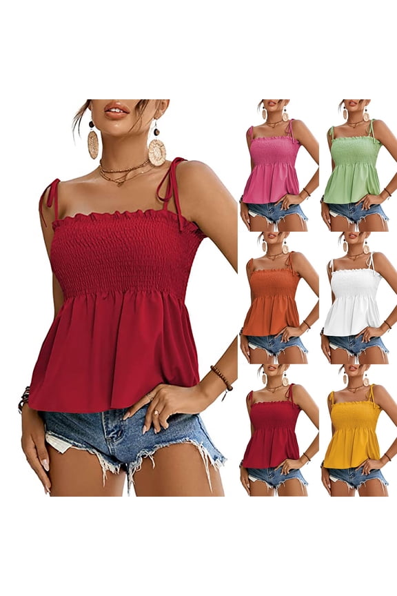 Women'S Tie Shoulder Frill Shirred Ruffle Hem Sleeveless Strappy Cami Blouse Peplum Top,Womens Tops