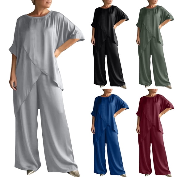 Daiosportswear Women'S Two Piece Set Batwing Sleeve Irregular Hem Top and Wide Leg Pants,2 Piece Sets for Women Wine-A XL(XL)