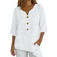 thumbnail image 1 of Daiosportswear Women'S V Neck Buttons Down Shirts Dressy T-Shirts 3/4 Sleeve Basic Tees Pullover Work Blouses,Linen Shirts for Women White-A L(L), 1 of 8