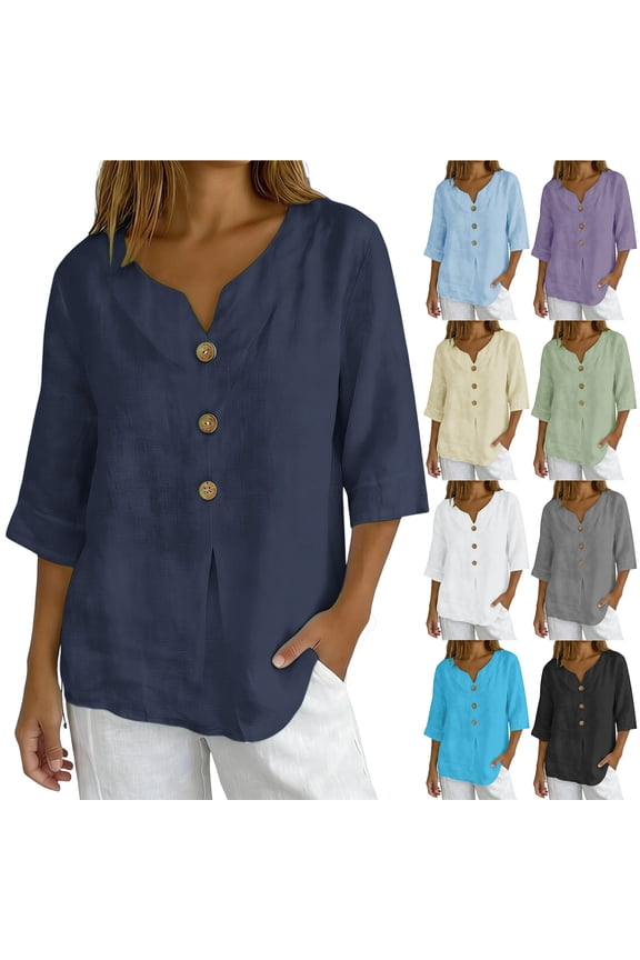 Women'S V Neck Buttons Down Shirts Dressy T-Shirts 3/4 Sleeve Basic Tees Pullover Work Blouses,Linen Shirts for Women White-A XL(XL)