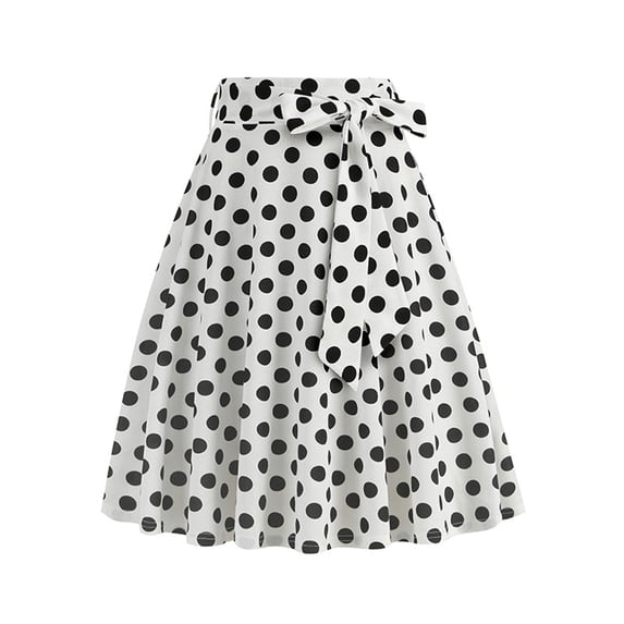 Daiosportswear Women'S Vintage Flared Skirt 1950S Polka Dot Belted Midi Skirt Solid A-Line Knee Length Skirts with Pockets，Skirts for Women White 6(M)