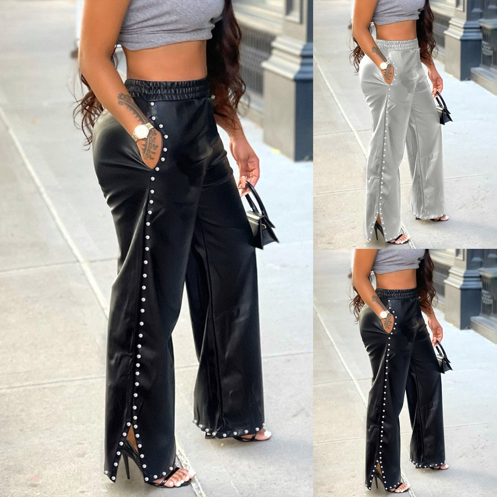 Daiosportswear Women'S Wide Leg Faux Leather Pants Rivets Pearls ...