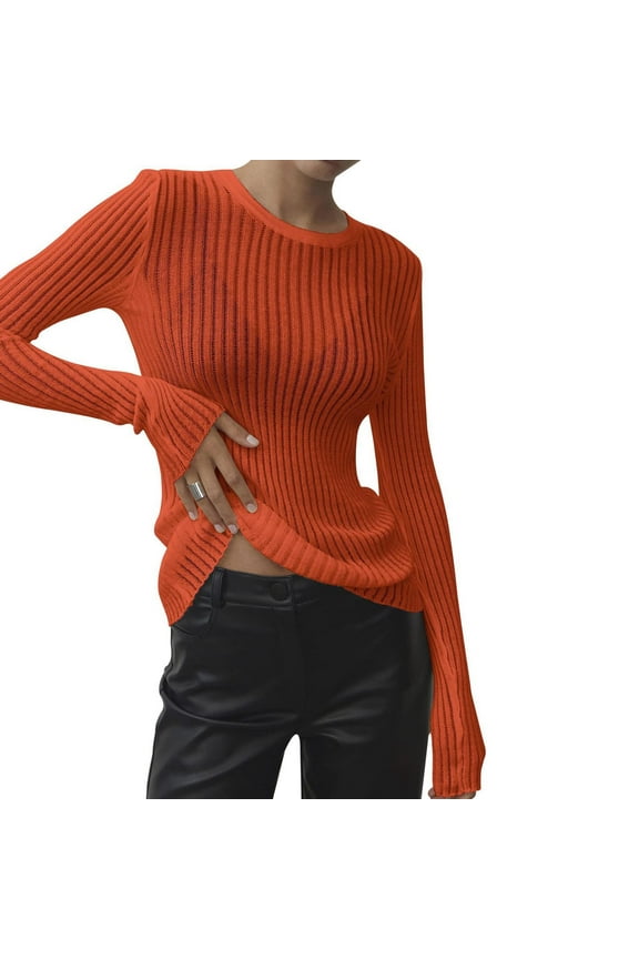 Women See Through Crew Neck Sheer Mesh Knitted Sweater Solid Basic Long Sleeve Loose Fit Knit Pullover Jumper Top,Cover-Up for Women Orange 8(L)