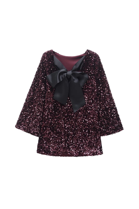 Women Sequin Dress with Ribbon Bow Tie Long Sleeve Sparkly Mini Dress for Night Out Party Red XS(XS)