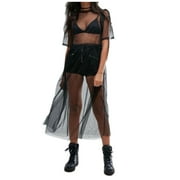 Daiosportswear Women Short-Sleeved Long Dress Sheer Gown See Through Lingerie Cover-Up,WomenS Cover-Up Black 8L