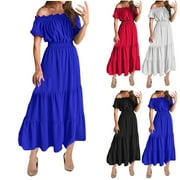Daiosportswear Women off Shoulder Spring Wedding Guest Dress High Low Ruffle Chiffon Dresses for Bridesmaid Prom,Women'S Short-Sleeved Dress White 10XL