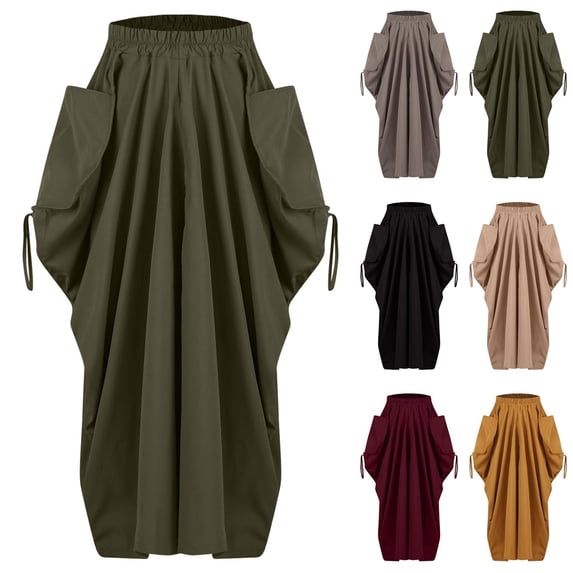 Daiosportswear Women Skirt with Draw Rope Big Pocket Pleated Boho Loose Long Skirts Daily Streetwear,Skirts for Women Yellow 10(XL)