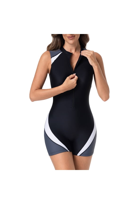 Women Solid Patchwork Zipper Long Sleeves Shorts Diving Suit Swimsuit Gray XS(XS)