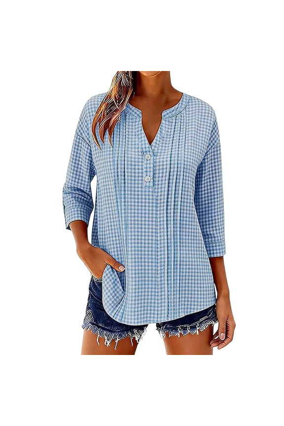 Women Spring and Summer Tees V Neck Button Down Plaid Loose Fitting 3/4 Sleeve Tops,Linen Shirts for Women Blue-A XL(XL)