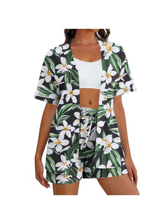 Women Suit Summer Printing Holiday Style Shorts Suit T-Shirt Top Shorts,2 Piece Sets for Women Army Green-F L(L)