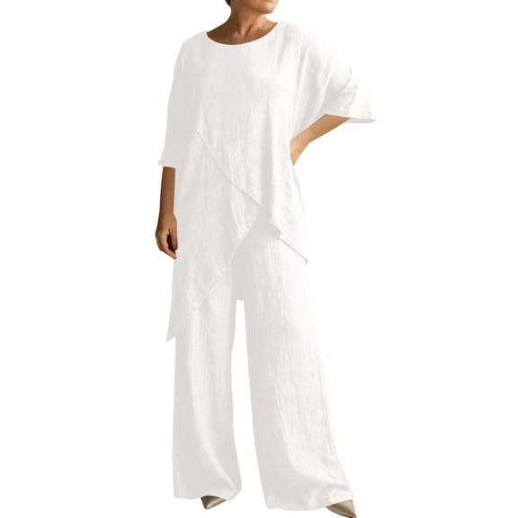 Daiosportswear Women Summer Half Sleeve Irregular T Shirt Loose Wide Leg Pants Suit Cotton Linen Outfits,2 Piece Sets for Women White XL(XL)