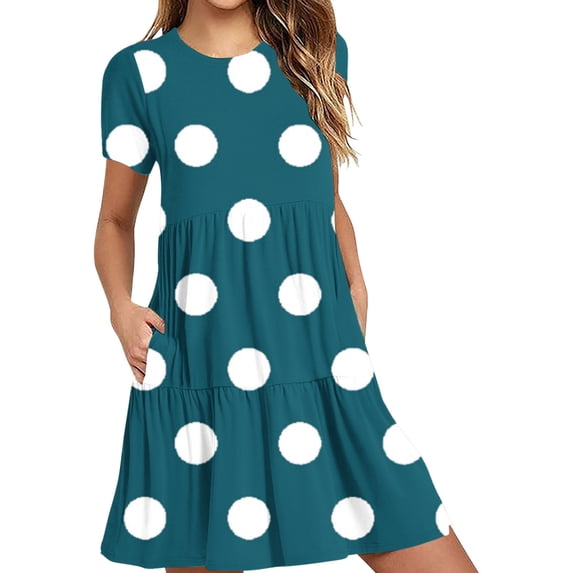 Daiosportswear Women Summer Polka Dot Short Sleeve Midi Dress with Pockets Casual Aline Flowy Tshirt Dress Vocation Beach,Women'S Short-Sleeved Dress Navy 4(S)