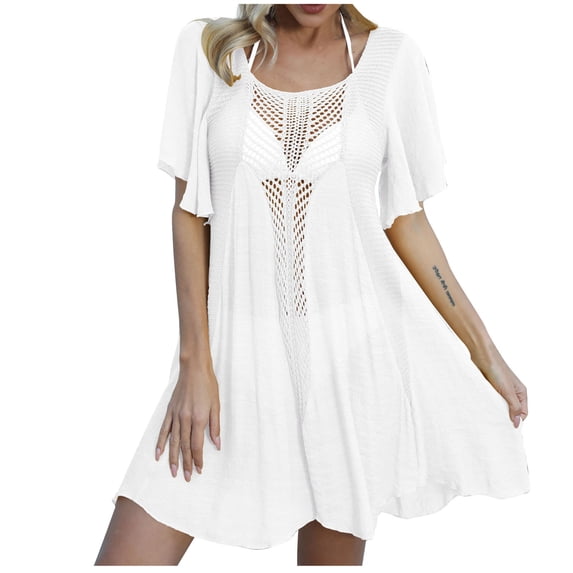 Daiosportswear Women Swimsuit Cover Up Short Sleeve Bikini Coverups Crochet U-Neck Beach Dress,Cover-Up for Women White 4(Free Size)