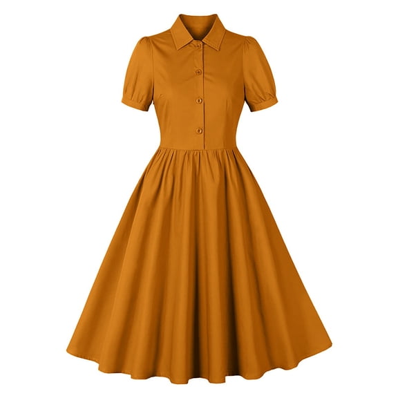 Daiosportswear Women Vintage Ruffled Dress Retro Rockabilly Elegant Cocktail Party 1950S 40S Swing Lapel Buttons Dress Summer Dress Short Sleeves, Women'S Short-Sleeved Dress Brown 8(L)