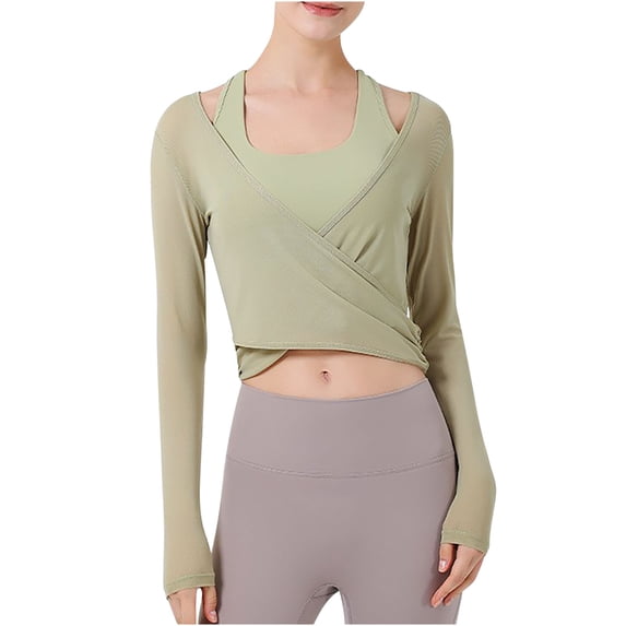 Daiosportswear Women Wrap Top Long Sleeve Self Tie Workout Shirt Pilates Ballet Yoga Tops Cover-Up,Cover-Up for Women Green 4(S)