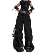 Daiosportswear Women Y2k Pants Goth Punk Baggy Bell Bottom Jeans Wide Leg Harajuku Grunge Pants Hip Hop Clothes Black SS