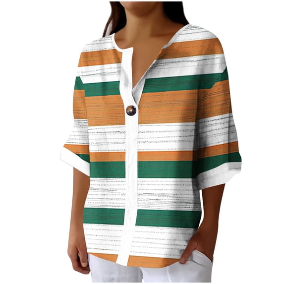 Daiosportswear Women's 3/4 Sleeved Button V-Neck Shirt Fashionable and Loose Spring and Summer Top Yellow-D L(L)