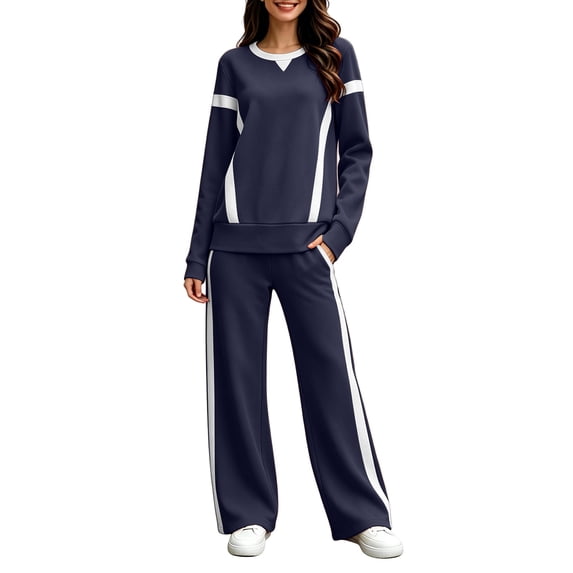 Daiosportswear Women's Color Block Tracksuit Wide Leg Athletic Joggers 2 Piece Set Outfits Sweatshirt Navy