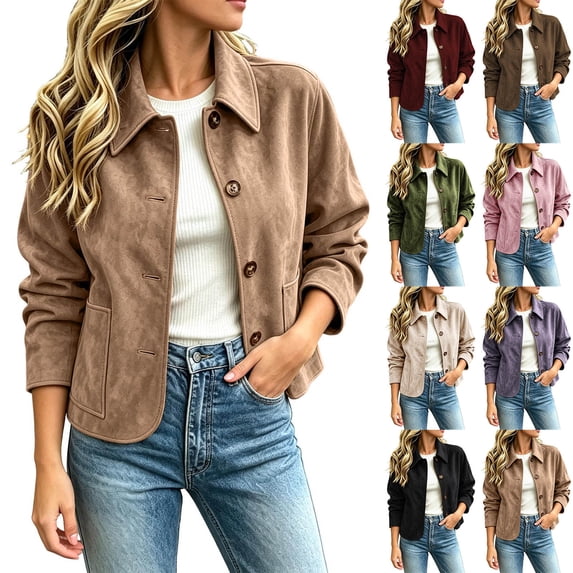 Daiosportswear Women's Faux Suede Bomber Jacket Long Sleeve Lapel Coat Casual Button Down Outerwear Wine