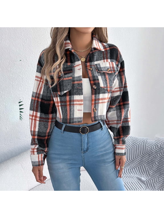 Women's Flannel Cropped Plaid Shacket Button Down Long Sleeve Jacket Casual Lapel Coat Black