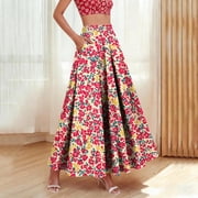 Daiosportswear Womens Floral Printed Maxi Skirts Pleated Elastic High Waist Casual Boho Flowy A-Line Skirt with Pockets Wine-K