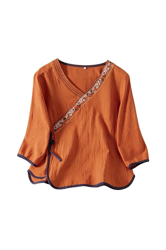 Women's Hanten Kimono Cardigan Long Sleeve Wrap Front Cotton Linen Retro Hanfu Costume Irregular Shirt Tops Orange M(M)