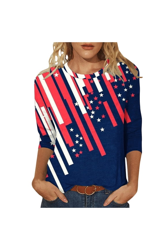 Women's Independence Day Star & Stripes Print 3/4 Sleeve Crew Neck T-Shirt Casual Patriotic Top Red-C L(L)