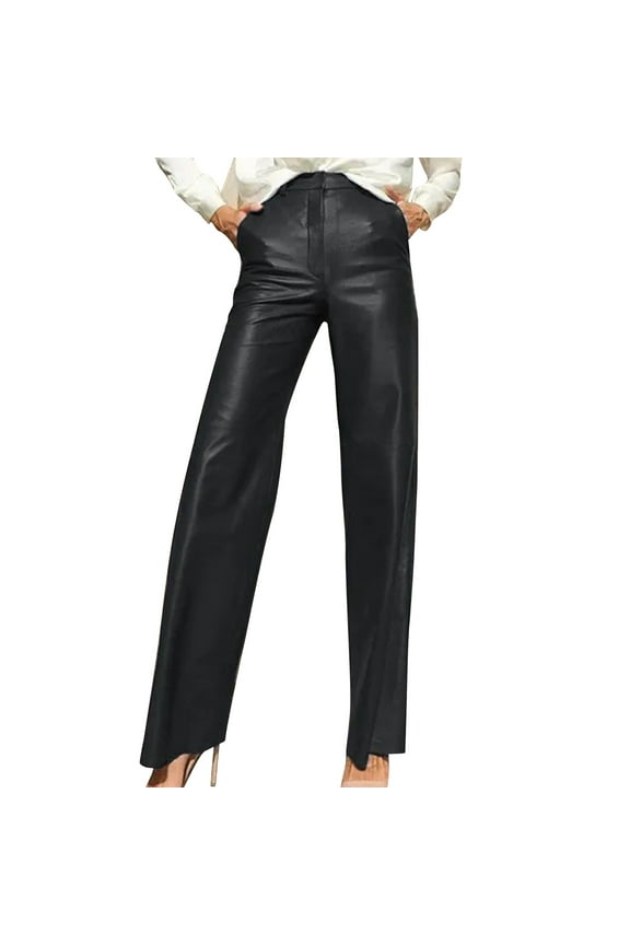 Women's Leather Pants Button PU Jeans Straight Wide Leg Trousers with Pockets Black M(M)