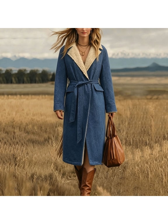 Women's Long Denim Jacket Fleece Lined Winter Jean Trench Coat Oversized Casual Coat with Belt Blue