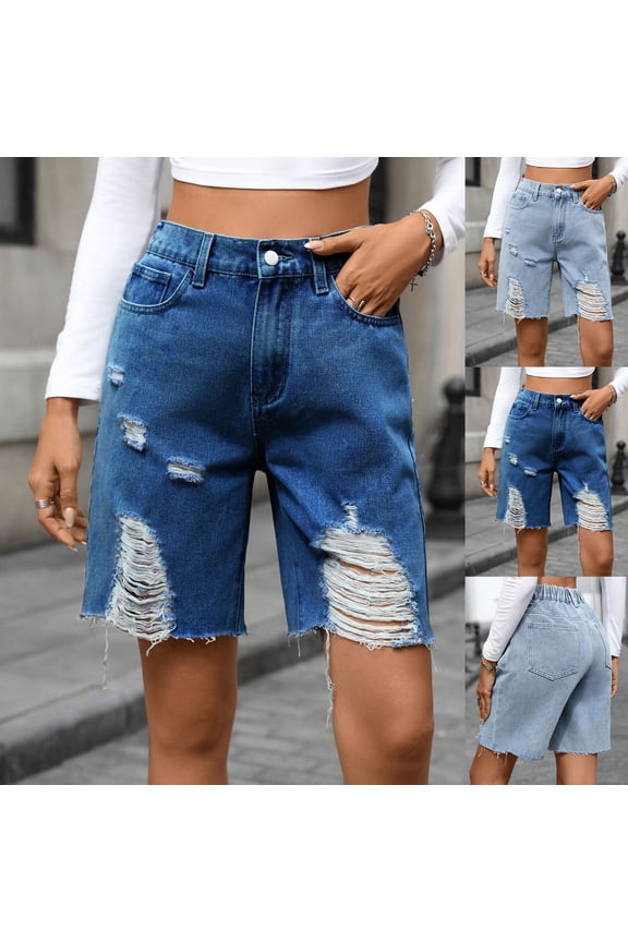 Women's Medium Wash High Waist Button Zip Front Multi Rip Fray Raw Hem Straight Denim Bermuda Shorts Light Blue XL(XL)