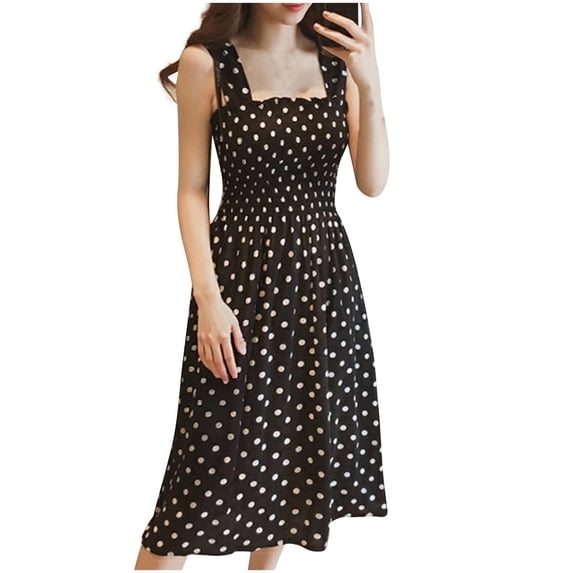 Daiosportswear Women's Polka Dot Square Neck Smocked Sleeveless Midi Dress Black Free Size