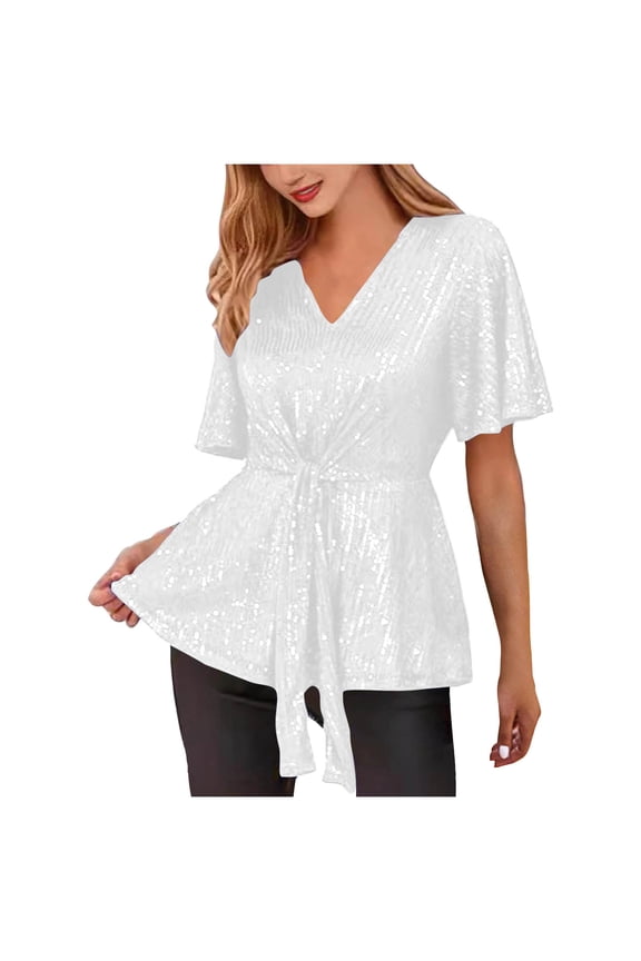 Women’s Sequin Tops Glitter V Neck Loose Summer Shirt Half Sleeve Sparkly Disco Party Plus Size Tunic Blouses White XXL(XXL)