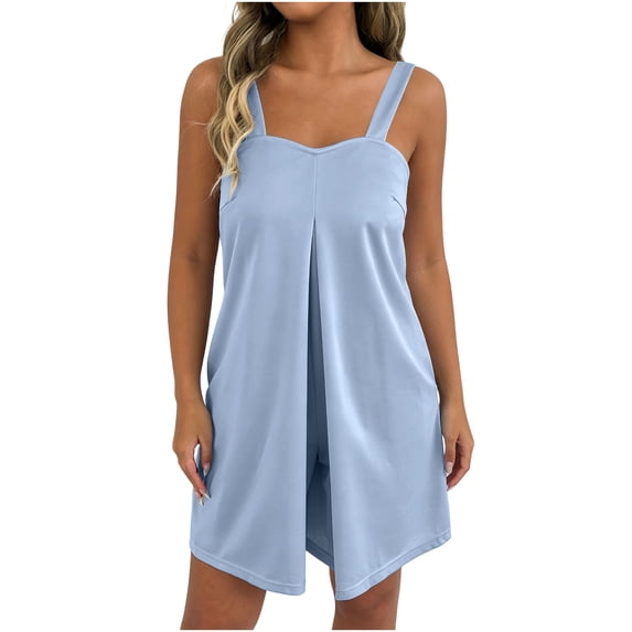 Daiosportswear Women's Solid Wide Strap Sleeveless Side Pocket Relaxed Fit Summer Beach Short Jumpsuit Light Blue XS(XS)