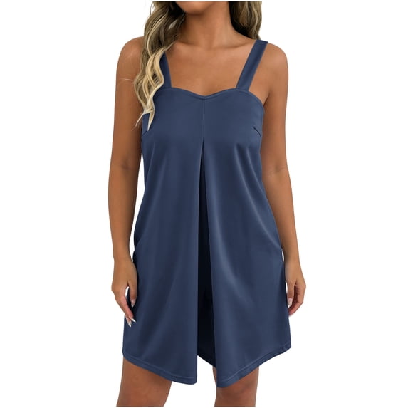 Daiosportswear Women's Wide‑Strap Sleeveless Front Pleat Romper Side Pockets Relaxed Fit Summer Casual Beach Short Jumpsuit Navy M