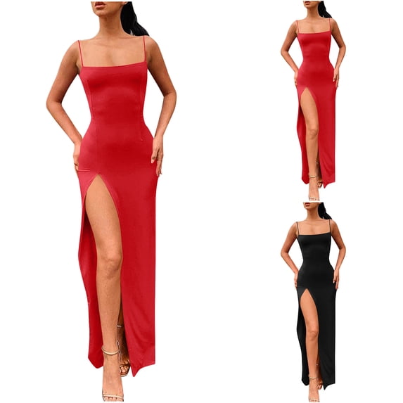 Daiosportswear Women's Square Neck Spaghetti Strap Bodycon Maxi Dress with High Slit Red S(S)