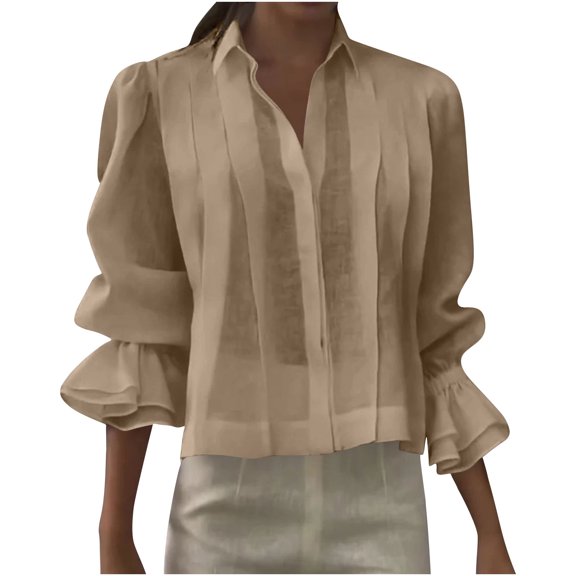 Daiosportswear Women's Summer Short Lantern Sleeve Tops Loose Fit Down Shirt Pleated V Neck Blouses hidden button up shirt top Khaki XXL(XXL)
