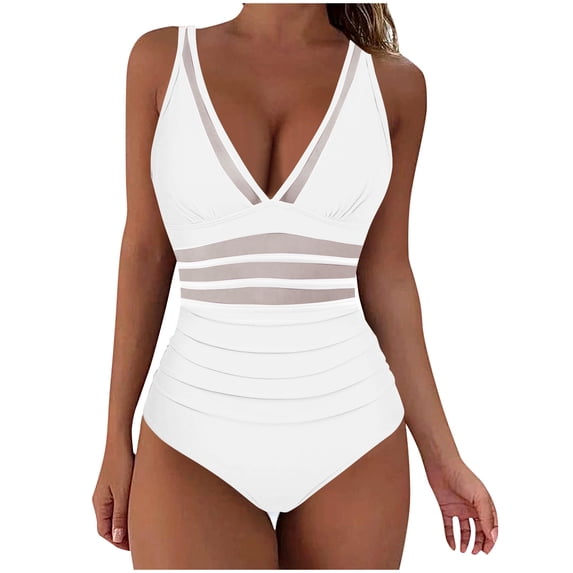 Daiosportswear Women's Tummy Control Swimsuits MeshOne Piece Bathing Suits Slimming V Neck Swimwear,Swimwear for Women White 6(M)